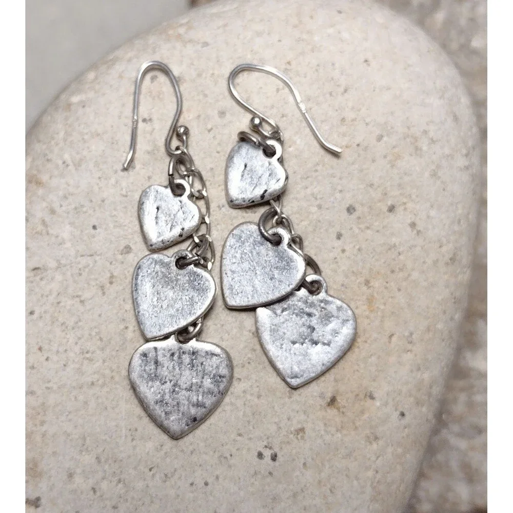 .925 Sterling Silver Hammered Heart Chain Dangle Earrings